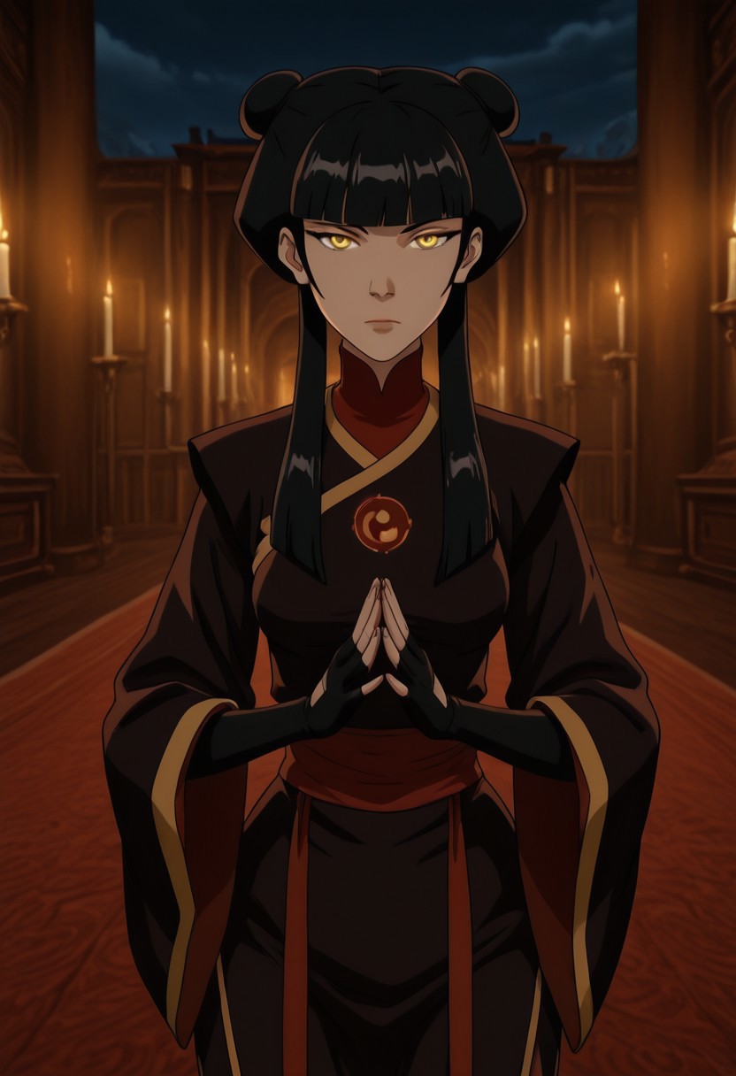 Mai_Avatar, black hair, long hair, blunt bangs, double hair bun, twintails, sidelocks, yellow eyes, detailed eyes, eye detail, detailed background
cowboy shot, 1girl, solo
Screen_capture, Source_cartoon
In the Avatar Animation style, character focus, (candlelight), candle, night, Palace, bedroom, standing, chinese clothes, black gloves, fingerless gloves, turtleneck, wide sleeves, black dress with red details , Regal pose, medium breasts, wide hips, hands together, looking at viewer,
