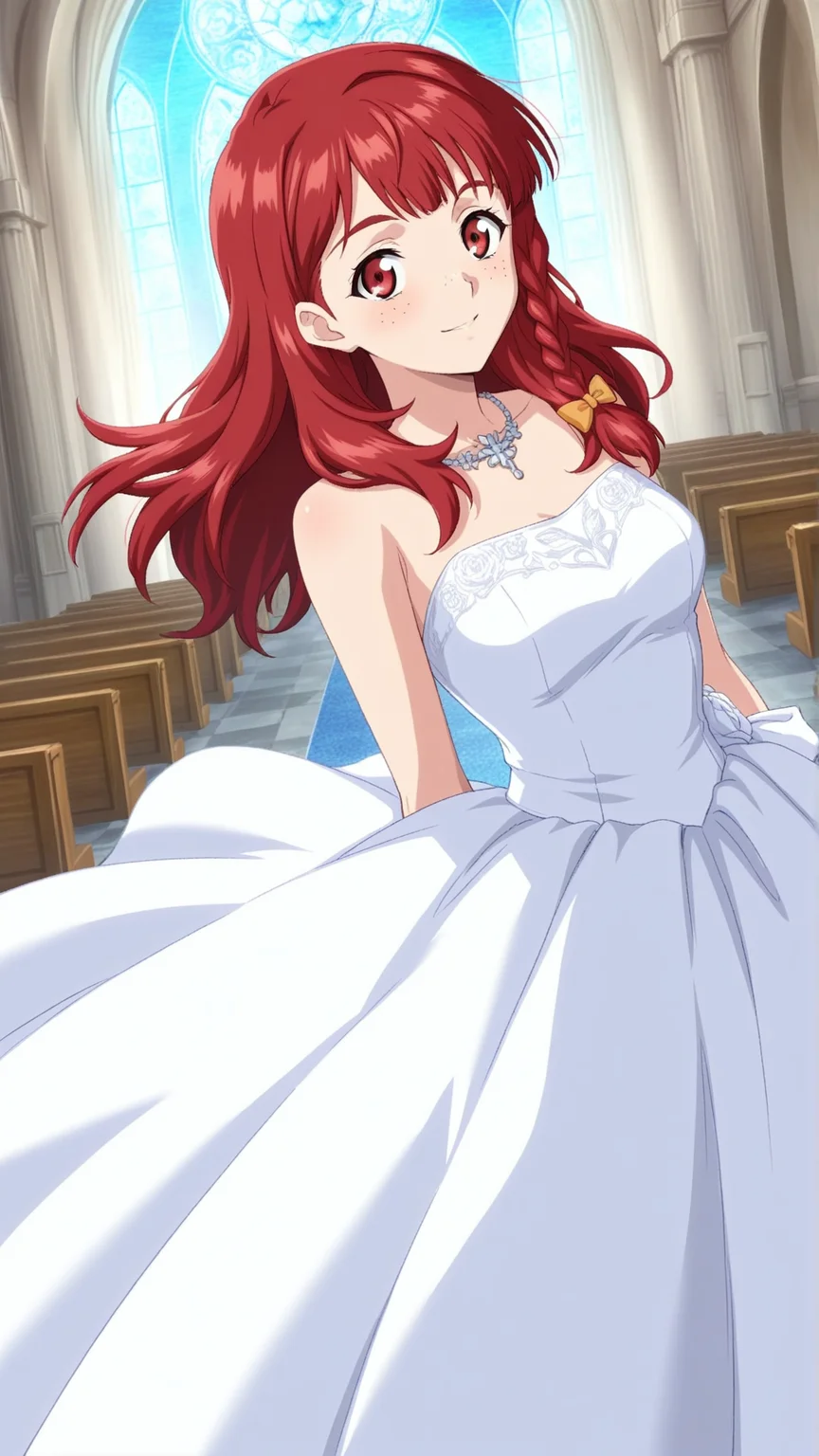 source_anime, general, best quality, masterpiece, 1girl, <lora:Rosalie_Serue_ill_v1.0:1> rosalie_serue\(srw\), red eyes , red hair, freckles,braid, long hair, side braid, hair bow, wedding dress,chapel, dutch angle, dynamic pose,