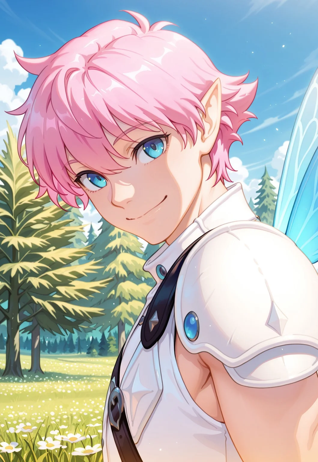 Masterpiece, best quality, male, man, very aesthetic, 1boy, solo, pink hair, short hair, blue eyes, warm smile, white vest, white shoulder pads, blue wings, fairy wings, close up, waist up, meadow background, forest background, blue sky, white clouds, sunny day, pointed ears