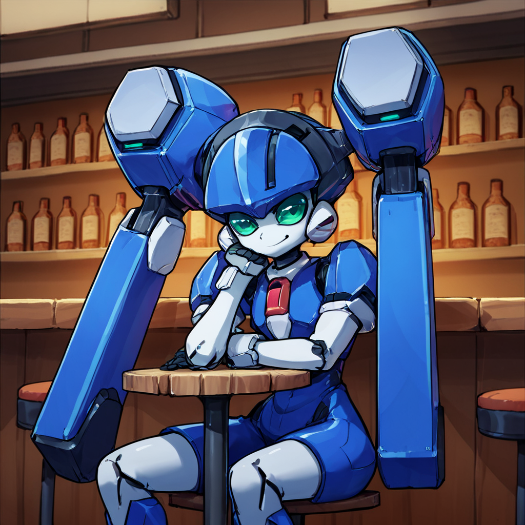 score_9, score_8_up, score_7_up, score_6_up, score_5_up, score_4_up, source_anime,  blazermate, robot, sitting, bar, head rest, cheeky smirk