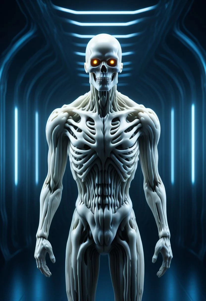 Ultra-detailed cyborg in a spaceship, with anthropomorphic cybernetic skeleton elements on metal armor, neon lights reflections, reflection mapping, intricate design and details, dramatic lighting, hyperrealism, photorealistic, cinematic, 8k --ar 9:16 --v 5