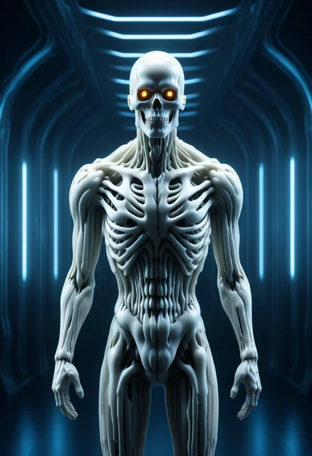 Ultra-detailed cyborg in a spaceship, with anthropomorphic cybernetic skeleton elements on metal armor, neon lights reflections, reflection mapping, intricate design and details, dramatic lighting, hyperrealism, photorealistic, cinematic, 8k --ar 9:16 --v 5