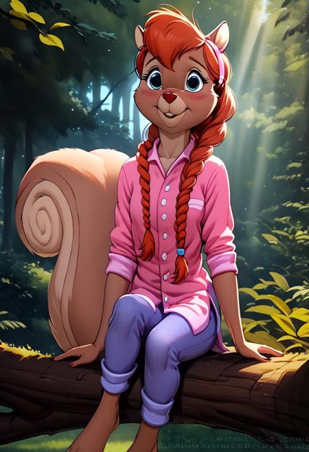 score_9, score_8_up, score_7_up, (best quality:1.1), ultra-detailed, great quality, anthro, high resolution, (((8k))), 1girl, squirrel, squirrel girl, day time, squirrel ears, shy smile, front view, Tammy Squirrel, natural light, detailed sun rays, summer, braided hair, daytime, looking at viewer, BREAK., highly detailed background, (forest:1,4),  sitting on tree brunch, holding upper tree brunch by hands, detailed squirrel legs, detailed barefoot, pink shirt, blue pants, highly detailed face, (very detailed face:1.4), fluffy fur