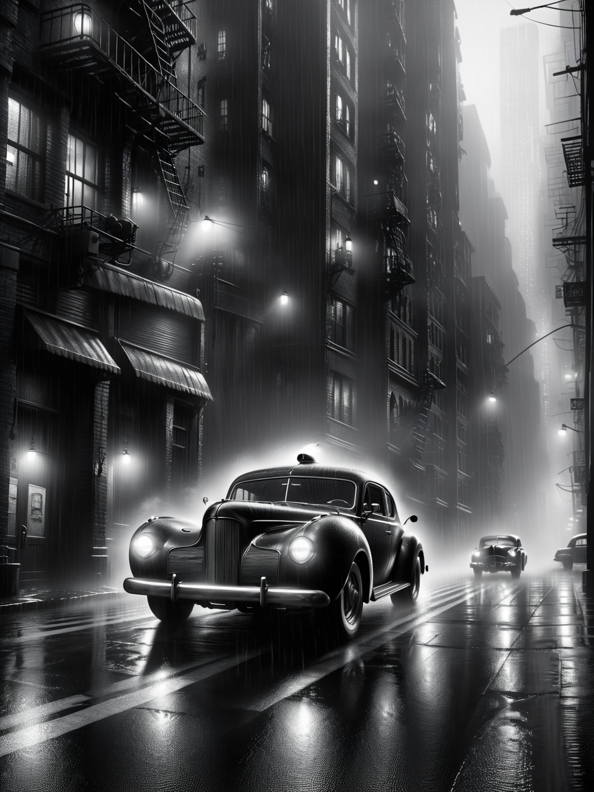 muscle car speedy through city, rain, fog, 1940, detective noir <lora:Sin_City_Movie_Style_SDXL:1> mad-sincity, (masterpiece:1.2), best quality, (hyperdetailed, highest detailed:1.2), high resolution textures