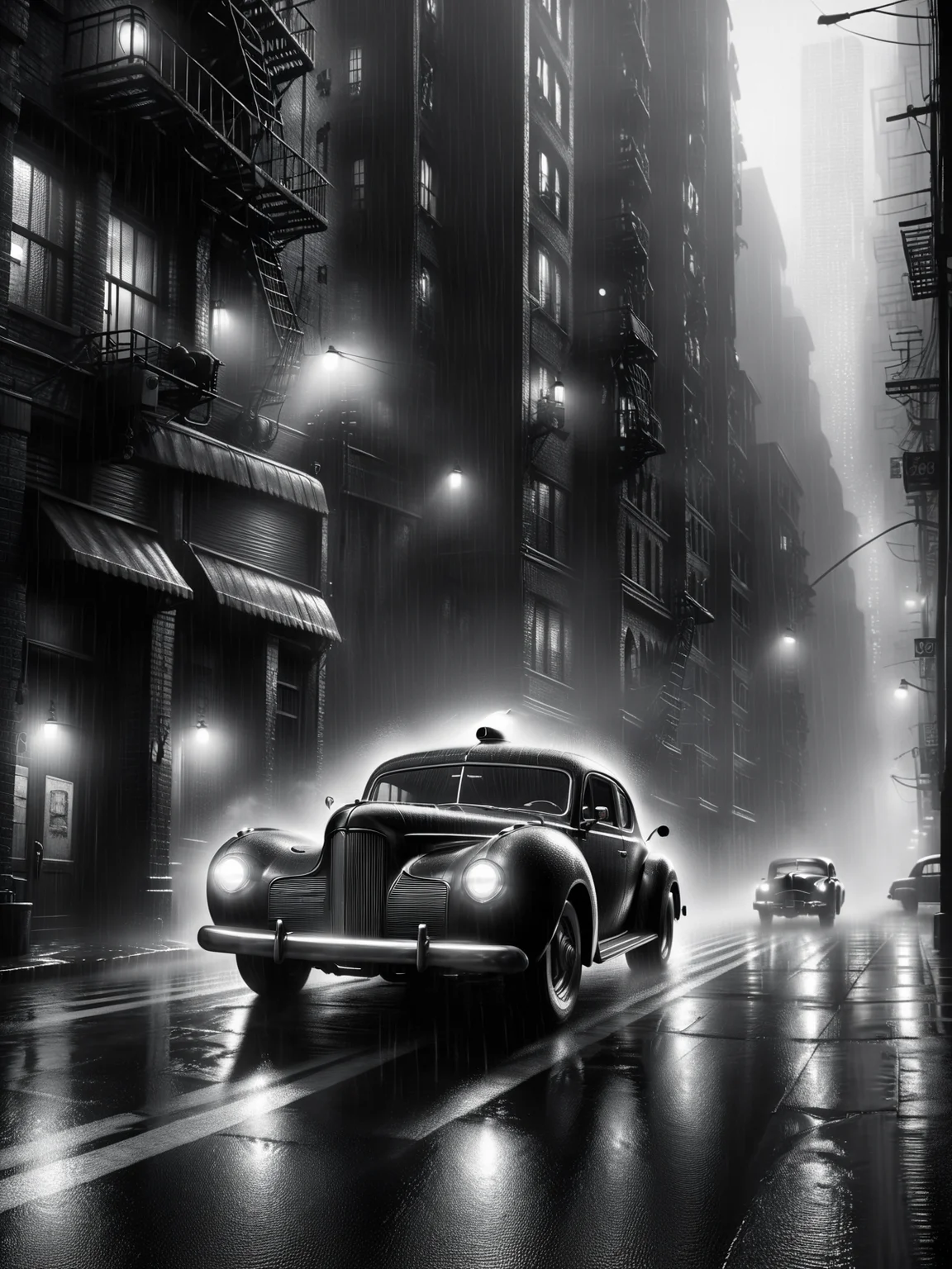 muscle car speedy through city, rain, fog, 1940, detective noir <lora:Sin_City_Movie_Style_SDXL:1> mad-sincity, (masterpiece:1.2), best quality, (hyperdetailed, highest detailed:1.2), high resolution textures