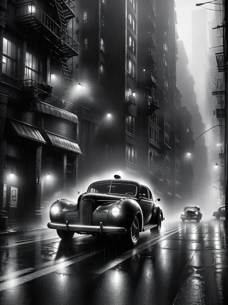 muscle car speedy through city, rain, fog, 1940, detective noir <lora:Sin_City_Movie_Style_SDXL:1> mad-sincity, (masterpiece:1.2), best quality, (hyperdetailed, highest detailed:1.2), high resolution textures