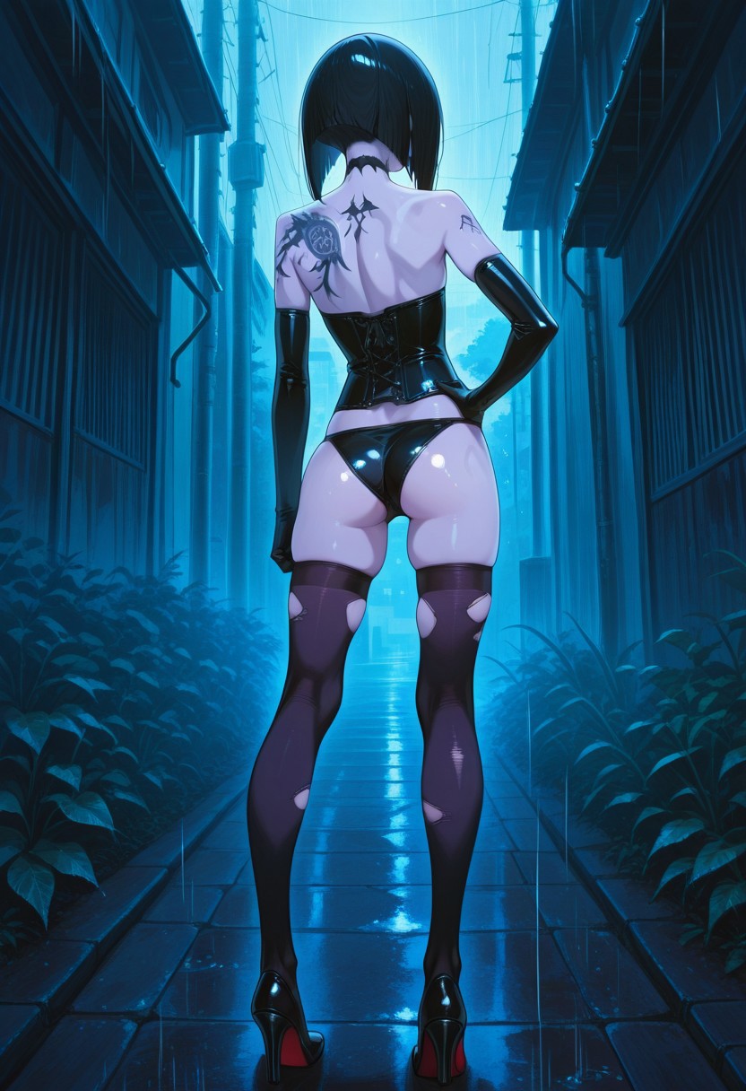 absurdres, masterpiece, best quality, very aesthetic, HDR, 8K, ultra-detailed, anime, 748cmstyle, rain, outdoor, back view, 
1girl, SadisTrix, solo, inverted bob hair, black hair, pale skin, back of head, back, tattoo, gothic, elbow gloves, corset, torn thighhighs, thigh strap, panties, high heels, skindentation, shiny skin, dominant female, (skinny), power pose, standing, spread legs, hand oh hip),