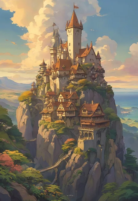 (studio ghibli drawing), (studio ghibli painting),best quality, masterpiece, extremely detailed, professional art, professional painting, an extremely delicate and beautiful, dynamic, great lighting, perfect shading, professional shading, depth of field, side soft light, elegant, gorgeous, highly detailed, full shot, uncropped, pure genious, absolutely perfect, highly detailed, breathtaking, a giant and sheer cliff face with a town built into it, lots of different dwellings, fantasy, sunset