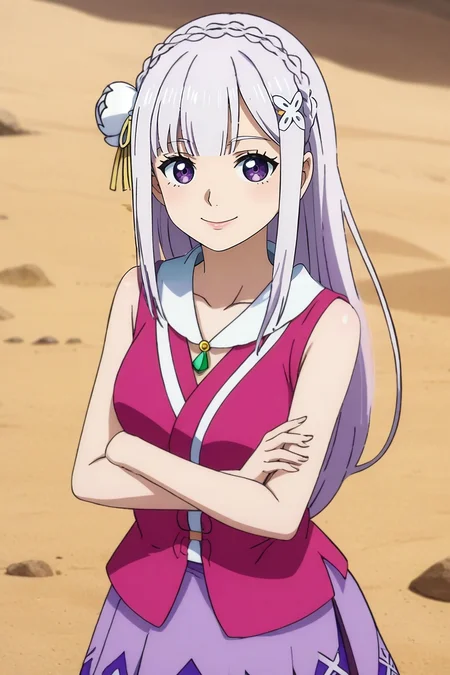 score_9, score_8_up, score_7_up, source_anime, rating_safe, , anime screencap, anime coloring, , , , 1girl, emilia \(re:zero\), re:zero kara hajimeru isekai seikatsu, purple eyes, x hair ornament, solo, rule of thirds, sahara desert, dawn, arms under breasts, smile, <lora:one_piece_wano_style_pony:1>, one_piece_wano_style, , <lora:sdxl_lightning_8step_lora:1>