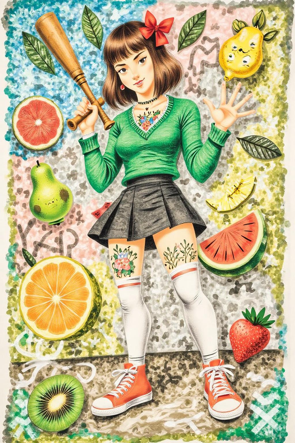 leowe1 illustration.
full body, liquid splash, cartoonish juicy fruits chaos, dynamic pose, dynamic camera, a fashion shoot, an illustration of a young woman threateningly holding a baseball bat in her hands, full body tattoo, wearing green short sweater, miniskirt, knee socks, orange sneakers, aggressive facial expression, wall with graffiti in the background,  <lora:gwonder1_cap_d6a3e15:1.0><lora:826574535231827498:0>