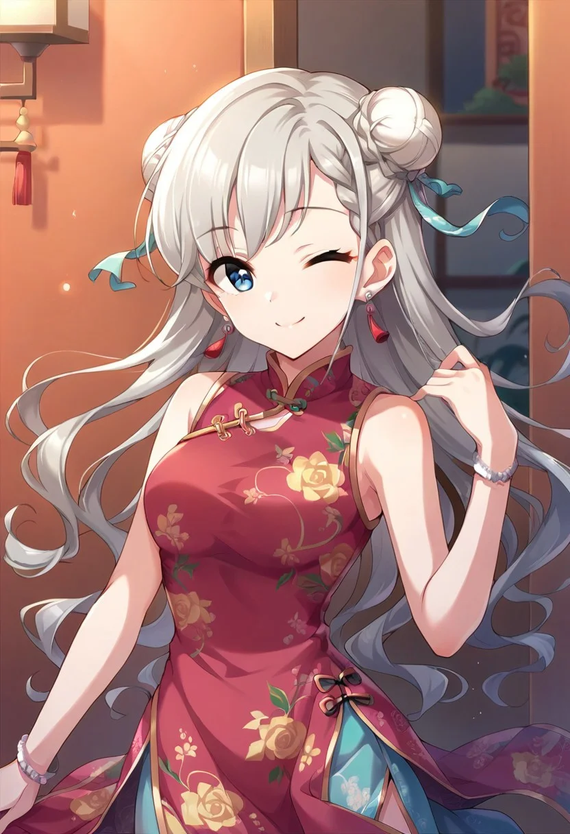 score_9, score_8_up, score_7_up, source_anime, hisakawa hayate, braid, grey hair, long hair, blue eyes, 1girl, one eye closed, hair bun, jewelry, earrings, dress, chinese clothes, double bun, smile, solo, floral print, china dress
