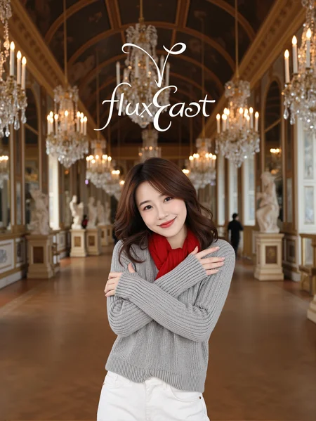 This is a clear, semi-portrait of a person, with a daily style. In the picture, there is a woman who is smiling and has her hands crossed over her chest. Her eyes are looking at the camera, and she seems very happy. She is wearing a grey knitted sweater and white pants, with a red scarf around her neck. Her hair is brown, slightly curly, reaching her shoulders. The background is a magnificent hall with chandeliers, statues, and mirrors. The floor of the hall is wooden, and the walls are adorned with exquisite decorations.
There is a prominent artistic font above the picture, which reads' fluxEast 'in English