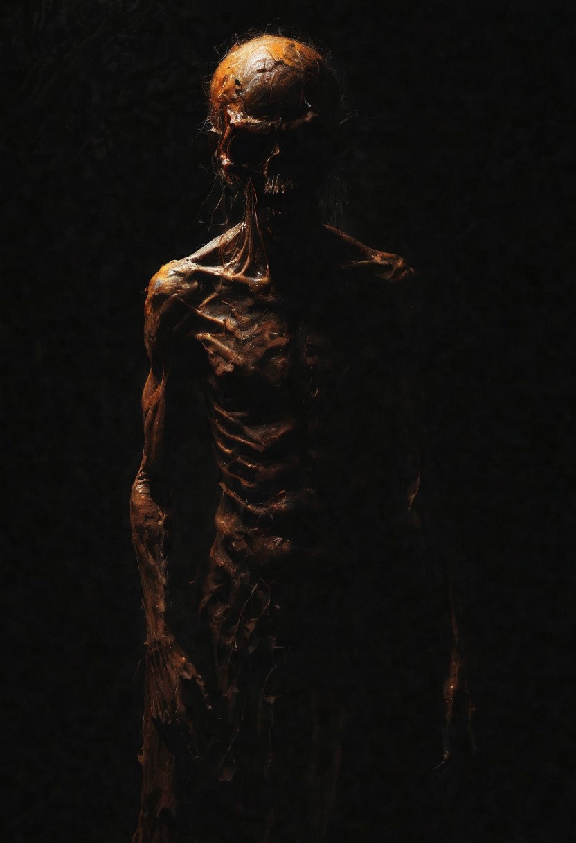 Styled by Katsuhiro Otomo, dark orange true evil. (necronomecon, demon lurking in the dark), creepy, (minimalism 1), ray tracing details in the style of Stephen Gammell.