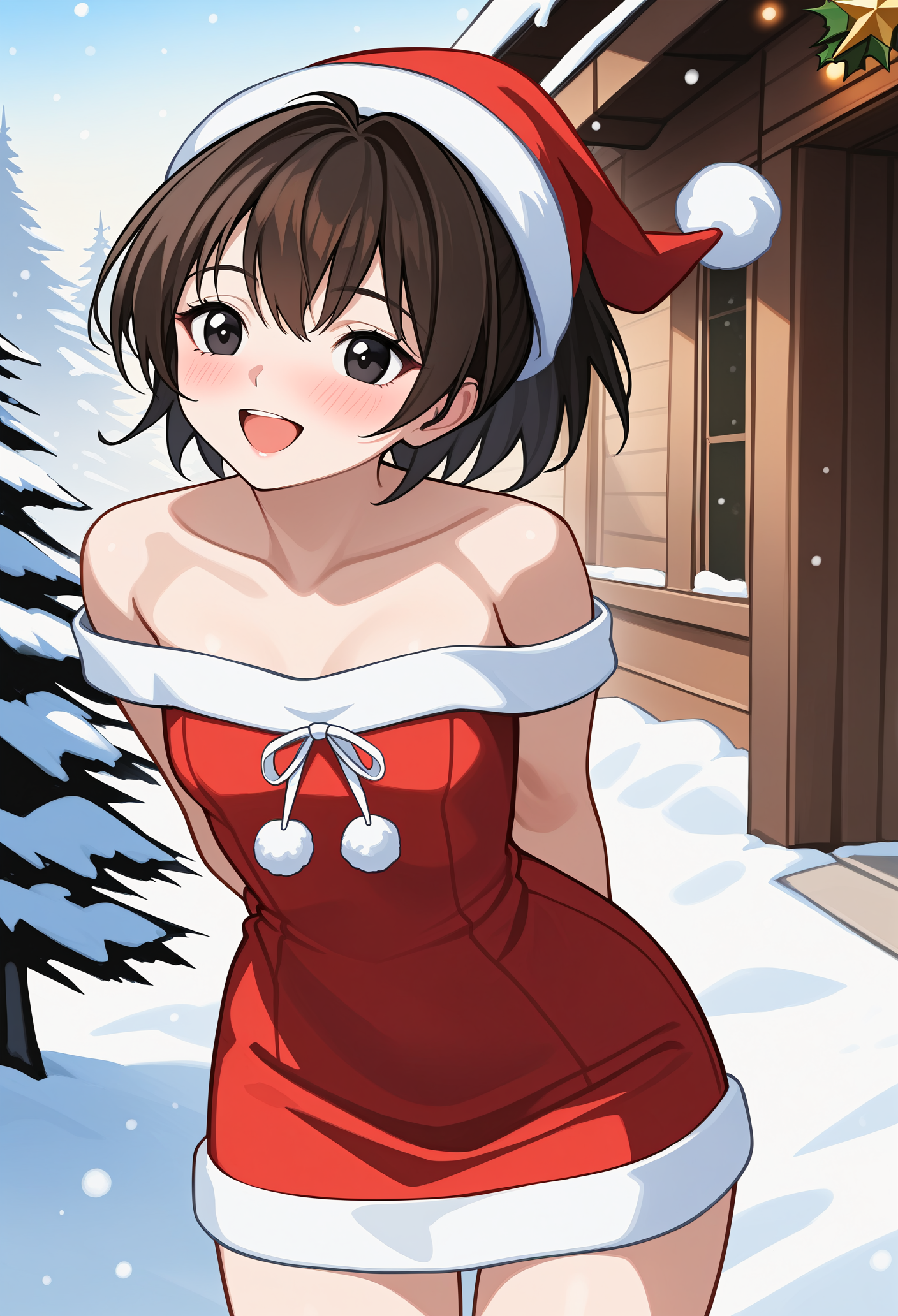 masterpiece, high quality, absurdres,  <lora:kozuemukai_animagin:1> mmkozue, ponytail, brown hair, short hair, black eyes,
santa hat, santa dress, off shoulder,snow, smile, cowboy shot, standing, christmas, outdoors, arms behind back, leaning forward, open mouth