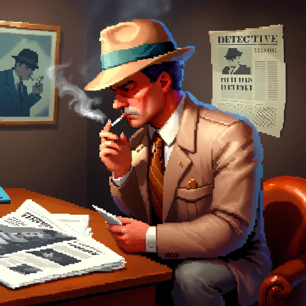 dosvga style,portrait, detective with a hat, smoking, reading newspaper,office,videogame <lora:dosvgaSDXLlr4-000007:1>