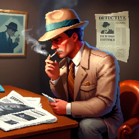 dosvga style,portrait, detective with a hat, smoking, reading newspaper,office,videogame <lora:dosvgaSDXLlr4-000007:1>