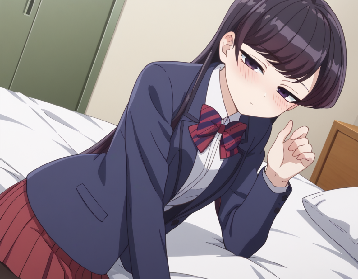 score_9, score_8_up, score_7_up, source_anime,
shoukokomi, <lora:shouko-komi-s1s2-ponyxl-lora-nochekaiser:1>,
shouko komi, long hair, bangs, black hair, black eyes, half-closed eyes,
skirt, shirt, long sleeves, bow, school uniform, jacket, white shirt, pantyhose, pleated skirt, striped, collared shirt, bowtie, red skirt, blazer, blue jacket, striped bow, striped bowtie,
indoors, bed, bed room, on side, blush, drunk,
looking at viewer, cowboy shot, dutch angle, solo,