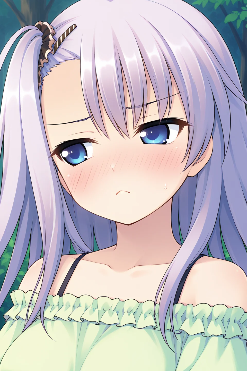 masterpiece, best quality, absurdres, official art, official style, rating general BREAK <lora:manabekei_IL_v1-1:0.7>, manabe kei, 1girl, solo, blue eyes, purple hair, light purple hair, long hair, one side up, side ponytail, black scrunchie, asymmetrical hair, asymmetrical bangs, hairclip, large breasts BREAK casual, bare shoulders, collarbone, blouse, green shirt, frilled shirt, off-shoulder shirt, puffy short sleeves, halterneck, striped camisole, standing, outdoors, nature, forest edge, close-up, portrait,
blush, :<, closed mouth, embarrassed, frown, furrowed brow, hair between eyes, half-closed eyes, looking at viewer, nose blush, sulky look