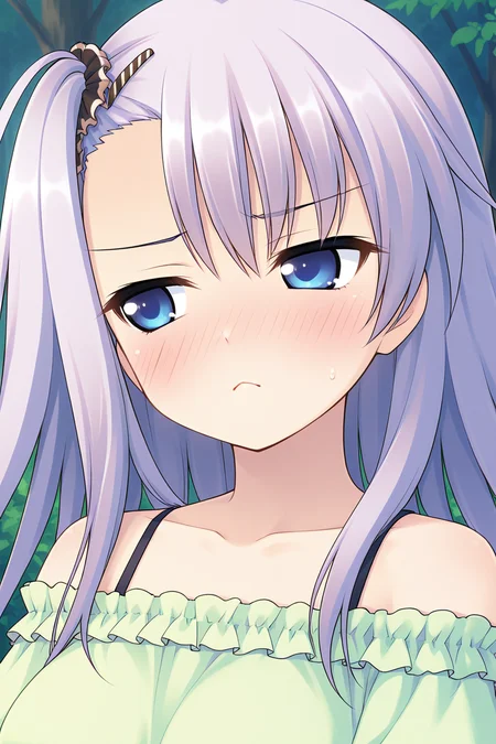 masterpiece, best quality, absurdres, official art, official style, rating general BREAK <lora:manabekei_IL_v1-1:0.7>, manabe kei, 1girl, solo, blue eyes, purple hair, light purple hair, long hair, one side up, side ponytail, black scrunchie, asymmetrical hair, asymmetrical bangs, hairclip, large breasts BREAK casual, bare shoulders, collarbone, blouse, green shirt, frilled shirt, off-shoulder shirt, puffy short sleeves, halterneck, striped camisole, standing, outdoors, nature, forest edge, close-up, portrait,
blush, :<, closed mouth, embarrassed, frown, furrowed brow, hair between eyes, half-closed eyes, looking at viewer, nose blush, sulky look
