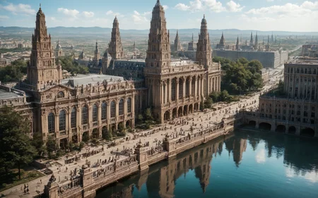 score_8-up, score_7_up, landscape, majestic building, perfect architecture, straight lines, detailed sculptures, original point of view, horizontal lines, perfect contrasts, detailed dark shadows, lossless details highlights, innovative composition <lora:Majestic-Fantasy-Architecture_ponyXL_LOREVER:0.9> mafarch, scenery, outdoors, building, geometric shapes, bold colors, luxurious, elegant, decorative, symmetrical, ornate, detailed trees, dramatic sky, water