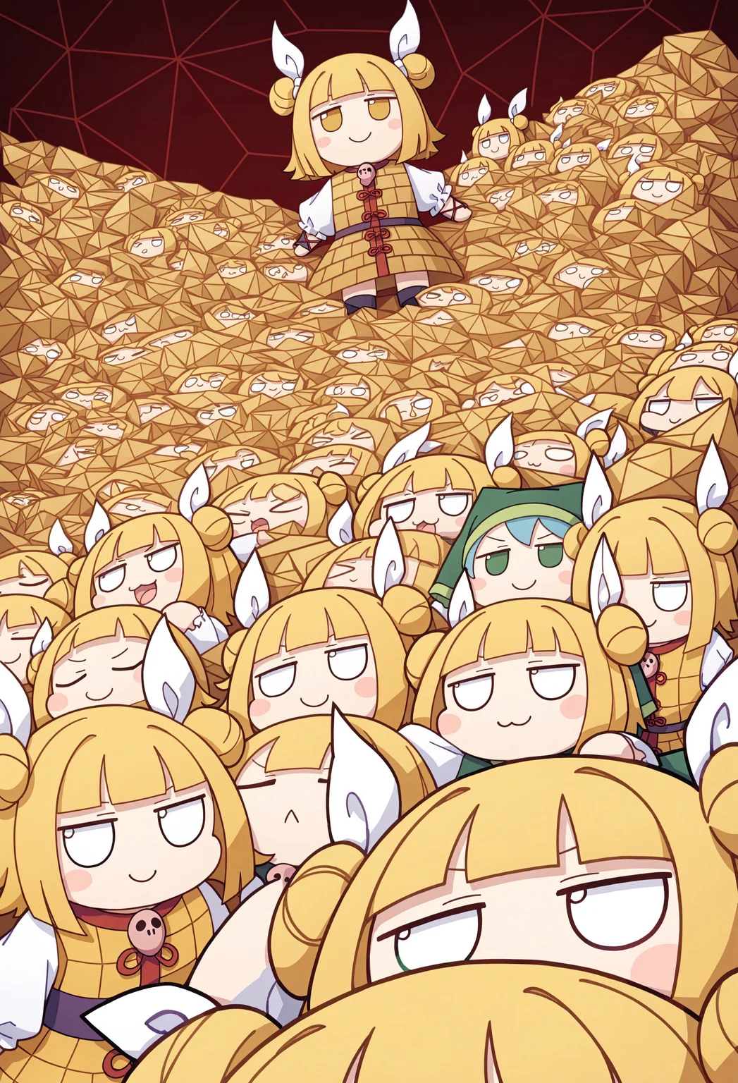 masterpiece, best quality, amazing quality, very aesthetic, absurdres,newest, highres, 4k,8k,Ultra HD, extremely detailed,,
BREAK
(chibi, joutouguu mayumi fumo, many fumo, too much fumo, low poly art, geometric shapes),,
BREAK
deep dark red simple background, cyberpunk style skyscraper in background, (Haniyasushin Keiki's upper body in background)