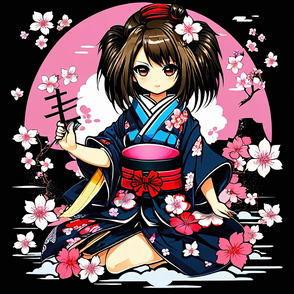 (masterpiece, best quality), chibi style, 1 girl, sexy girl, kimono, sakura flower, NFSW, t-shirt design, dark blackground <lora:chibi_style-000002:1>