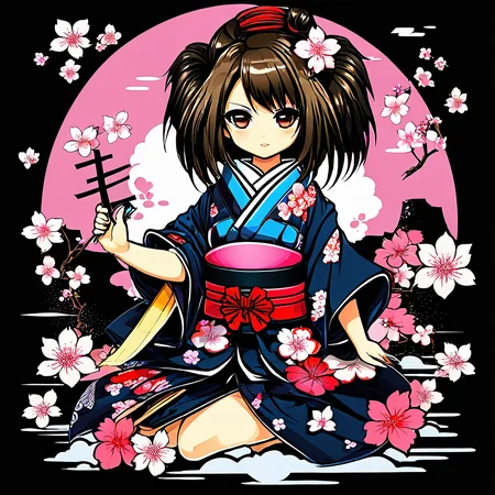 (masterpiece, best quality), chibi style, 1 girl, sexy girl, kimono, sakura flower, NFSW, t-shirt design, dark blackground <lora:chibi_style-000002:1>