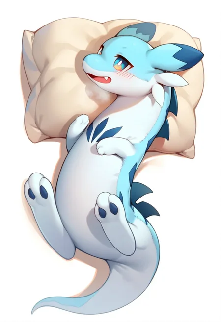 masterpiece,best quality,very aesthetic,absurdres,<lora:chillet_v2:1>,chillet,animal,no_humans,solo,full_body,on_back,smile,blush,happy,fang,wings,sideways_mouth,pillow,simple_background,alternate_color,white_background,pokemon_\(creature\),dragon,breath,open_mouth,