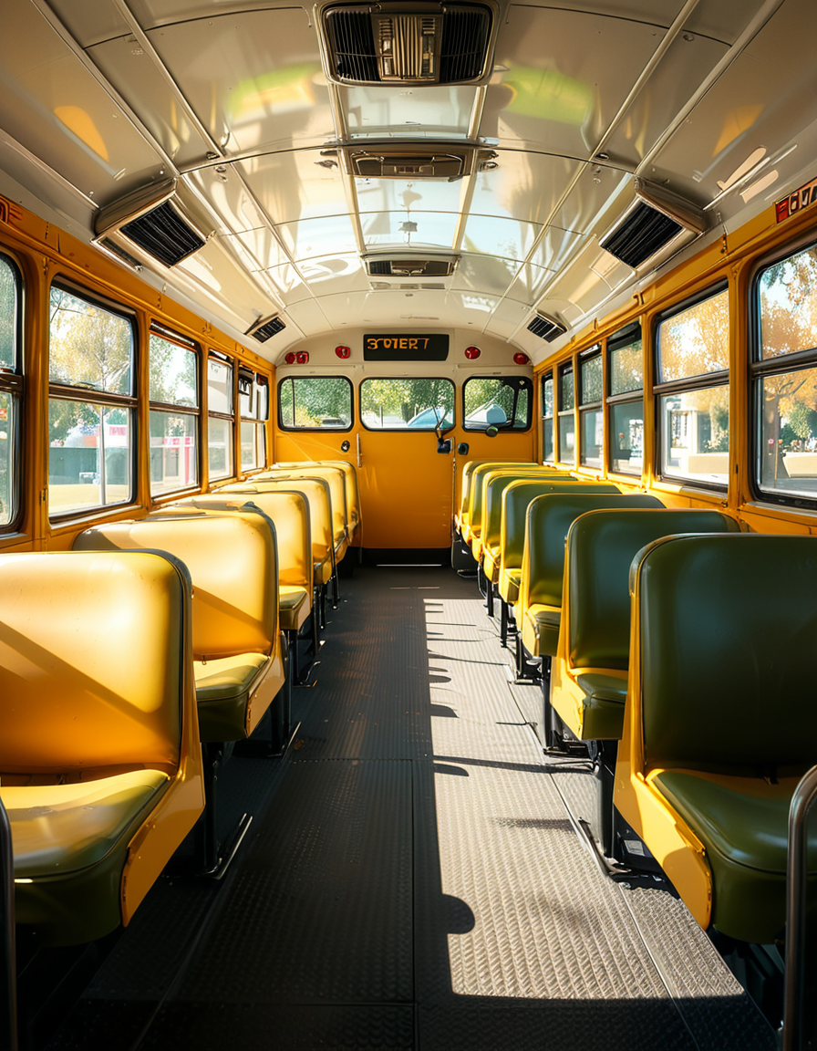 The interior of a classic yellow school bus, captured in a clean and well-maintained state. Long rows of simple green vinyl seats line both sides of a narrow aisle, slightly worn from regular use. The perspective is from the front of the bus, looking toward the back, with a clear view of the seats and the metal handrails on top of each row. Sunlight streams in through the large rectangular windows on both sides, creating soft reflections on the seats and a warm glow inside. The floor is textured black rubber, with faint signs of foot traffic. The atmosphere feels quiet and inviting, with no students present, giving a peaceful and slightly nostalgic vibe. The style is photorealistic, highlighting the details of the seat stitching, window latches, and the subtle reflections of light on surfaces. The background includes the driverâs area partially visible, with the steering wheel and dashboard controls adding to the authenticity.
<lora:SDXLFaeTastic2400:0.4> <lora:extremely_detailed:0.4> extremely detailed, <lora:sch00l_bus:1>,sch00l bus, Masterpiece,best quality,hi res,8k,hi res,8k,award winning,(sharp focus, intricate, highly detailed),