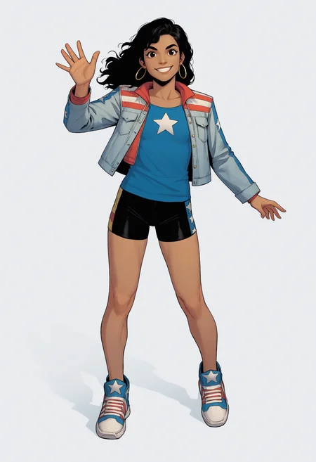 score_9, score_8_up, score_7_up, BREAK,
1girl, amechavez, black hair, dark skin,
bike shorts, blue shirt, hoop earrings, jacket, open jacket, sneakers, star print,
smile, waving, standing, looking at viewer, solo, simple background, white background <lora:AmericaChavezXL:1>