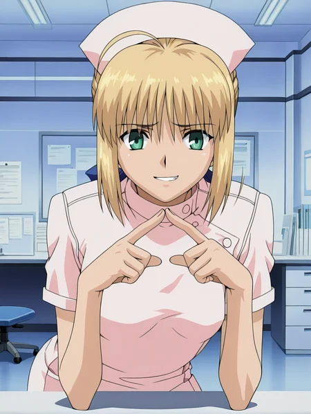 <lora:yakin-kaidan-illustrious-000004:0.9> saber \(fate\), nurse, smirk, grin, arm support,
1girl, solo, nervous, office, index fingers together