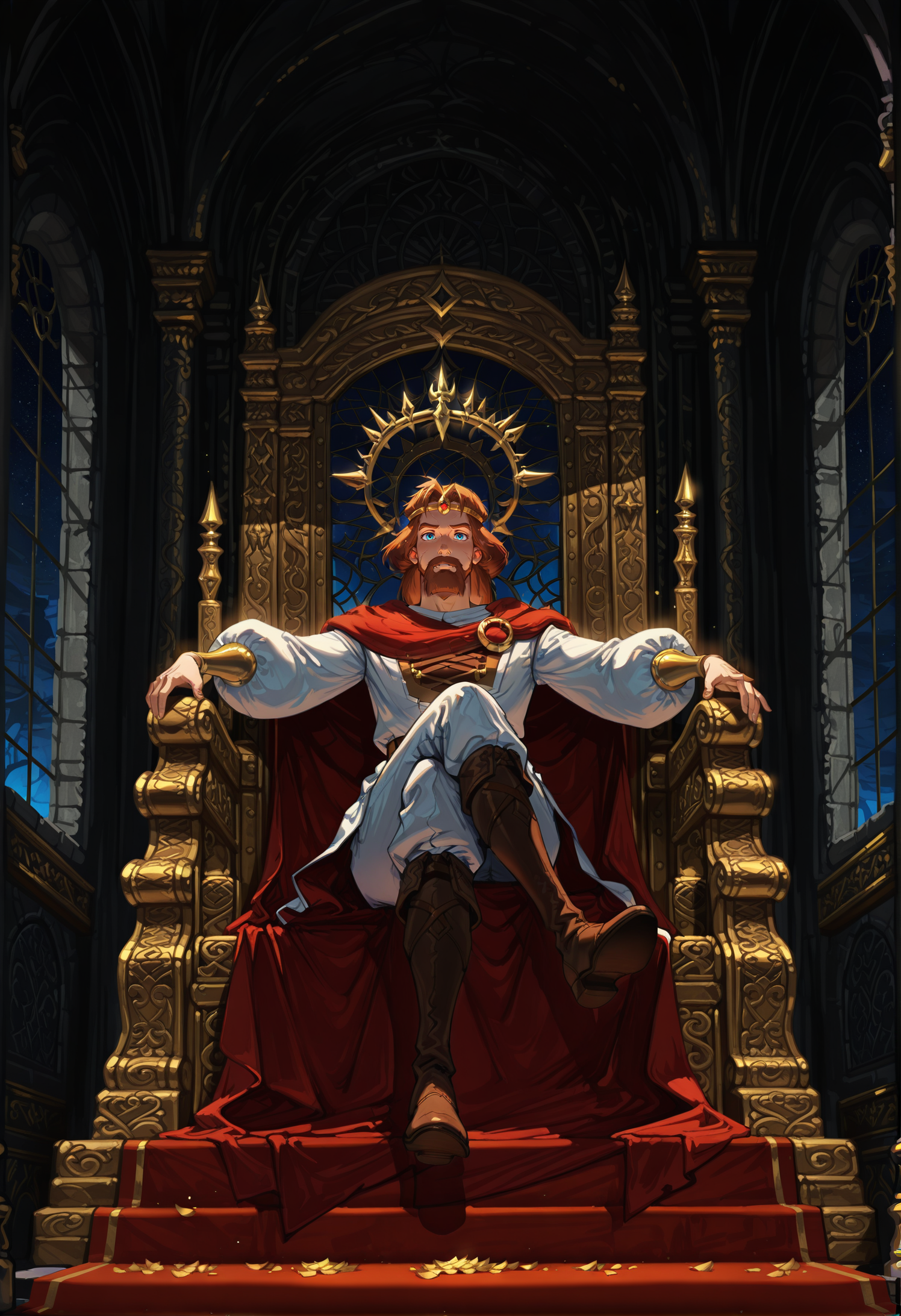 ethereal fantasy concept art of masterpiece, best quality,high quality, newest, highres,absurdres,
<lora:zayz-20:1>knyaza, 1boy, male focus, solo, facial hair, mustache, brown hair, cape, beard, blue eyes, circlet, crown, close up, casyle, indoors, gold,
throne, 1boy, male focus, crown, sitting, cape, solo, red cape,  petals, indoors,  crossed legs, looking at viewer, window, boots, full body, facial hair low angle,  more sworlds, destoed castle <lora:g1gzagu123:0.6> g1gzagu123_illu <lora:DarkerThanBlackIllustrious:1> dark theme, horror theme <lora:noobai_vpred_1_masterpieces_v23:1> masterpiece, best quality, very aesthetic  . magnificent, celestial, ethereal, painterly, epic, majestic, magical, fantasy art, cover art, dreamy