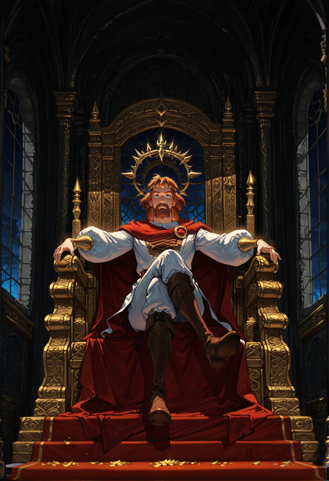 ethereal fantasy concept art of masterpiece, best quality,high quality, newest, highres,absurdres,
<lora:zayz-20:1>knyaza, 1boy, male focus, solo, facial hair, mustache, brown hair, cape, beard, blue eyes, circlet, crown, close up, casyle, indoors, gold,
throne, 1boy, male focus, crown, sitting, cape, solo, red cape, petals, indoors, crossed legs, looking at viewer, window, boots, full body, facial hair low angle, more sworlds, destoed castle <lora:g1gzagu123:0.6> g1gzagu123_illu <lora:DarkerThanBlackIllustrious:1> dark theme, horror theme <lora:noobai_vpred_1_masterpieces_v23:1> masterpiece, best quality, very aesthetic . magnificent, celestial, ethereal, painterly, epic, majestic, magical, fantasy art, cover art, dreamy