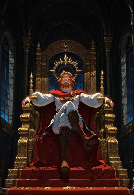 ethereal fantasy concept art of masterpiece, best quality,high quality, newest, highres,absurdres,
<lora:zayz-20:1>knyaza, 1boy, male focus, solo, facial hair, mustache, brown hair, cape, beard, blue eyes, circlet, crown, close up, casyle, indoors, gold,
throne, 1boy, male focus, crown, sitting, cape, solo, red cape,  petals, indoors,  crossed legs, looking at viewer, window, boots, full body, facial hair low angle,  more sworlds, destoed castle <lora:g1gzagu123:0.6> g1gzagu123_illu <lora:DarkerThanBlackIllustrious:1> dark theme, horror theme <lora:noobai_vpred_1_masterpieces_v23:1> masterpiece, best quality, very aesthetic  . magnificent, celestial, ethereal, painterly, epic, majestic, magical, fantasy art, cover art, dreamy