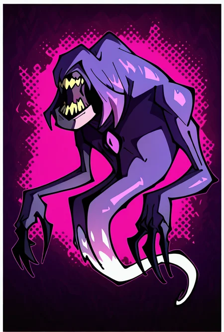<lora:zskayr-10:1> zskayr, no humans, solo, monster, teeth, black claws, pokemon (creature), single purple eye, , purple skin, sharp teeth, , black sclera,, ghost tail, purple hood, upper body, , no legs, dynamic pose, cowboy shot, purple background, <lora:sakfsdajfkasd:1> alpharecdyt,, masterpiece, best quality, amazing quality, very aesthetic, absurdres, newest,, upper body, halftone effect, white borders, abstract background:1.2,