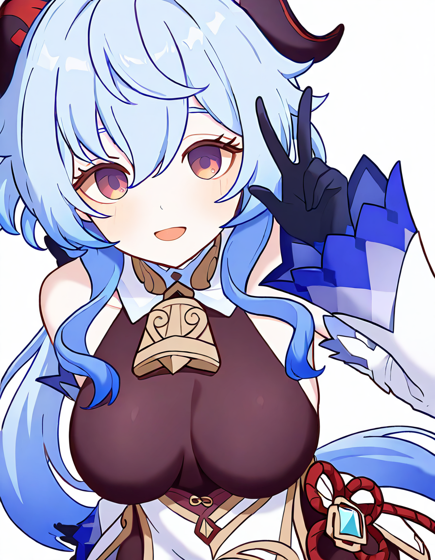 <lora:pcr-000008:1>,1girl,ganyu \(genshin impact\),solo,long hair,white background,smile,simple background,looking at viewer,blush,v,open mouth,breasts,:d,very long hair,hand up,large breasts,medium breasts,, masterpiece, best quality, very aesthetic, absurdres,newest, incredibly absurdres,