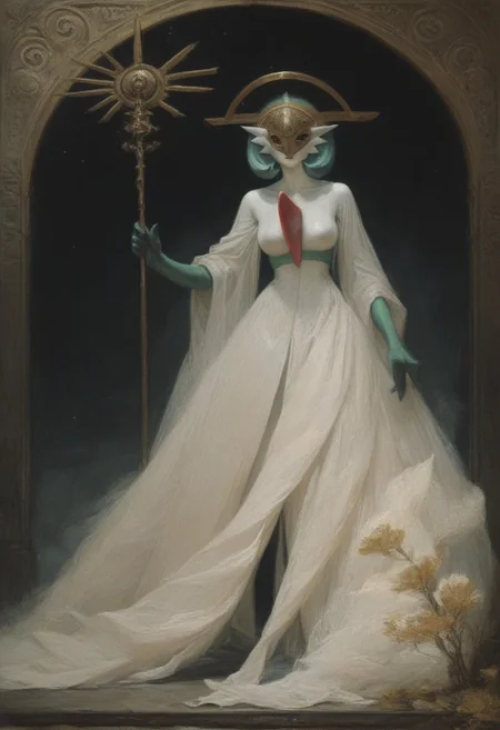 ((score_9, score_8_up, score_7_up)), (high contrast), (flat shapes), vertical lines, oil painting, realistic, grimdark, 
gardevoir, green_hair, green_skin, hair_over_one_eye, pokemon, 
An enigmatic figure of an old god, (golden metalic mask of alien cat), black skin, majestic white outfit, holding huge gold spear, metallic, ((jewelry)), Ancient mystique. gesturing hands, bare feet, Egyptian. 
surreal background, under a dark starry sky. The style of a vintage, high-contrast setting. Emphasize theatrical elements, extreme contrast of bright colors against dark, moody backgrounds, ph4nt0m01l, style-empire, hand