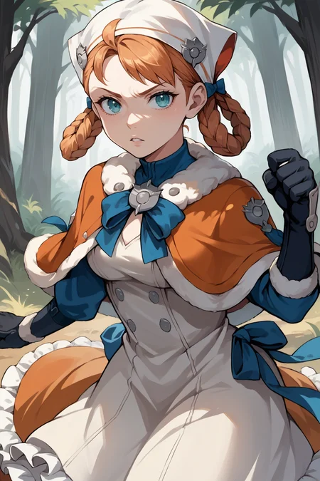 score_9, score_8_up, score_7_up, score_6_up, source_anime, BREAK 1girl, solo <lora:annette-pdxl-nvwls-v1-000005:1> hopesAnne, hair rings, braid, swept bangs, head scarf, orange capelet, fur trim, blue bow, white dress, frilled dress, black gloves, fighting stance, parted lips, serious, looking at you, forest