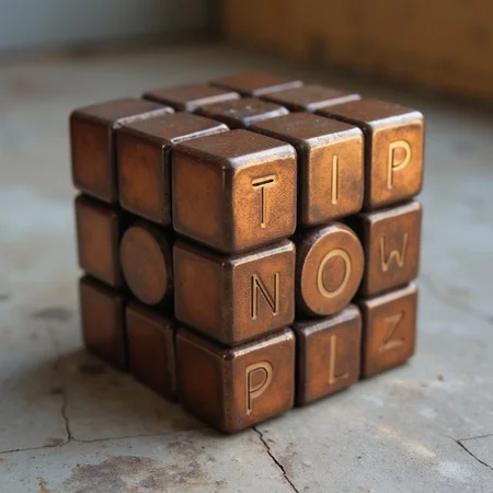 a bronze rubik's cube by S410CHURYO.
upper line of the cube says "TIP".
middle line of the cube says "NOW".
bottom line of the cube says "PLZ".