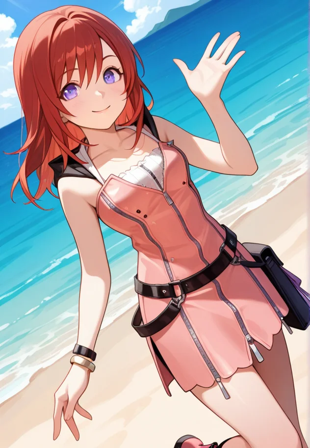 masterpiece, best quality, amazing quality, very aesthetic, absurdres, newest, detailed background, cowboy shot, outdoors, day, secluded beach, palms, sky, dynamic angle, perfect eyes, beautiful eyes,
kairikh, 1girl, solo, red hair, dress, zipper, jewelry, bracelet, blue eyes, belt, smile, full body, purple eyes, pink dress, boots, looking at viewer
<lora:Kairi_-_Kingdom_Hearts_1-2_Illustrious:1>