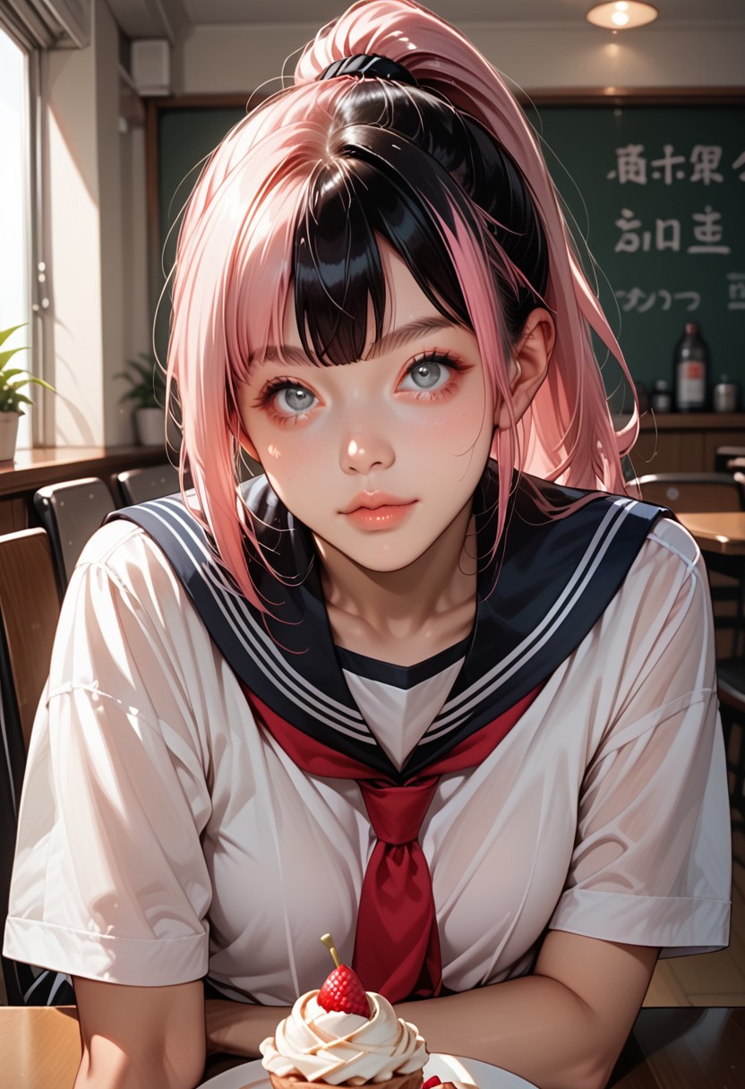 score_9, score_8_up, score_7_up, RND futa, 1girl, round face, droopy eyes, tareme, 22yo, long black hair, multicolor hair, ponytail, pink hair, big bright eyes, grey eyes, light makeup, half lips, slim, small perky breasts, perfect ass, BREAK (serafuku, white shirts, red tie), parfait on table, head resting, quiet cafe, posing, eye_focus, solo, looking_at_viewer, front view,