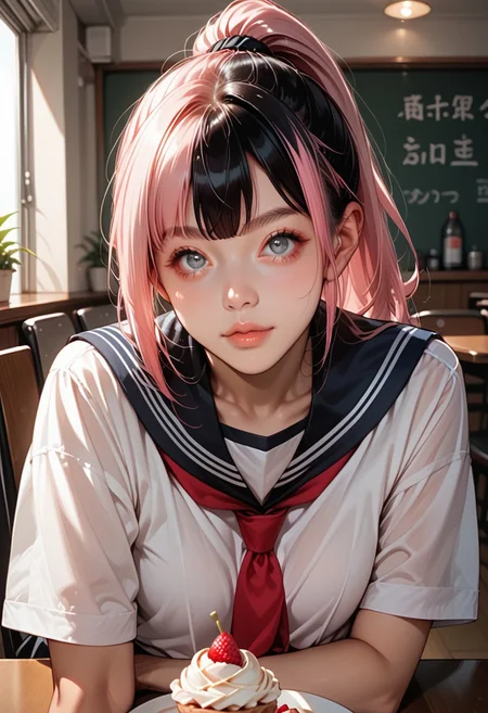 score_9, score_8_up, score_7_up, RND futa, 1girl, round face, droopy eyes, tareme, 22yo, long black hair, multicolor hair, ponytail, pink hair, big bright eyes, grey eyes, light makeup, half lips, slim, small perky breasts, perfect ass, BREAK (serafuku, white shirts, red tie), parfait on table, head resting, quiet cafe, posing, eye_focus, solo, looking_at_viewer, front view,