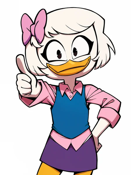 score_9, score_8_up, score_7_up, score_6_up, best quality, highres, source_furry BREAK
1girl, female, solo, black eyes, white background, anthro, young, duck, webby vanderquack, ducktales, beak, pointing, smile, looking at viewer, white skin, pink dress shirt, blue vest, purple skirt, white hair, hair bow, short hair, flat chested <lora:Drock_XL_REAL:0.8> <lora:Webby_Vanderquack:0.5>