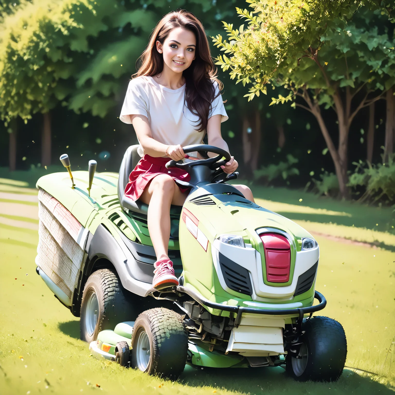 score_9, score_8_up, score_7_up, rilamo (front view) , (slim 25yo female) riding a lawn mower. red short skirt, white blouse, sneakers , long brunette hair <lora:RideLawnMowerPony:1>