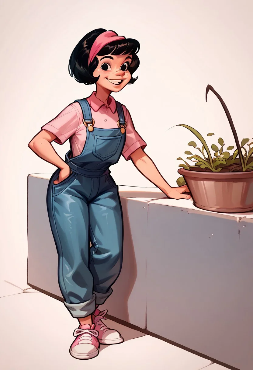 score_9, score_8_up, score_7_up, Yuyito, 1girl, black hair, pink headband, black eyes, freckles, fuchsia overalls, light pink longsleeved undershirt, pink white shoes, smiling at viewer,
