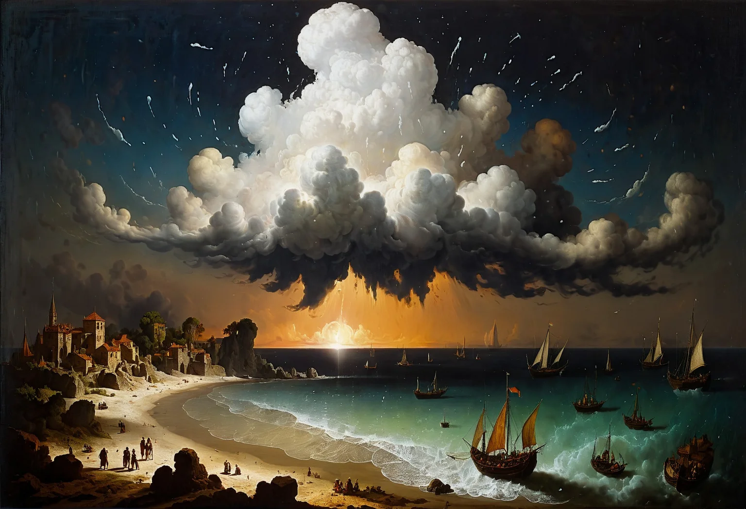 legendary landscape, beach, ocean, (cumulonimbus clouds:1.3), islands, sailboats <lora:add-detail-xl:0.7> <lora:xl_more_art-full_v1:0.7> <lora:sdxl/nicola_samori_dark_art_style:0.7> in the style of Nicola Samori