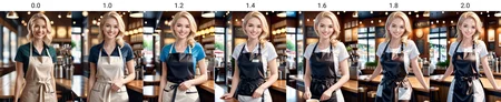 Long shot, full body view. Masterpiece, best quality, sharp focus. a beautiful 30 year old blonde woman in a café apron (smiling). HD, highly detailed, bokeh, macro photography, skin texture, Hyper realistic, 32k HD, dynamic action, artistic expression, immersive experience, expert technique <lora:AnimeAnything:0.0>