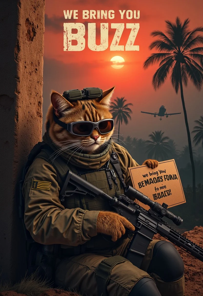 A realistic picture of cat army operator sitting against wall holding a cardboard sign that reads "we bring you freedom for BUZZ". Overhead shot of the iconic orange Grumpy Cat reimagined as a battle-hardened American special forces in the ruined city in midle east, . Orange Cat, dressed in rugged Ghillie suit, tactical gear military gear with a helmet with night vision googles slightly askew, holds a modern 50. cal sniper rifle with a determined yet perpetually unimpressed expression. The ruined city after war around him is dark and foreboding, with thick foliage, towering trees, and a misty atmosphere that hints at the dangers lurking within. In the background, A10 warthog soar above the treetops, their silhouettes barely visible through the smoky, war-torn red sky at Sunset. mouth is wide open, clearly shouting, "More BUZZ, we need more BUZZ!" is boldly displayed at the top, with a gritty, distressed font that echoes classic war movie posters. The overall tone of the poster is intense and surreal, combining the seriousness of a Gulf War epic with the humorous, deadpan attitude of Grumpy Cat. <lora:schnell_v1.0:0.8>