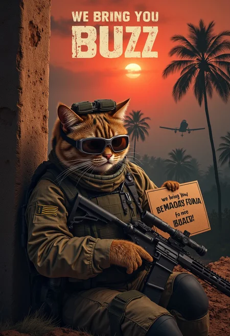 A realistic picture of cat army operator sitting against wall holding a cardboard sign that reads "we bring you freedom for BUZZ". Overhead shot of the iconic orange Grumpy Cat reimagined as a battle-hardened American special forces in the ruined city in midle east, . Orange Cat, dressed in rugged Ghillie suit, tactical gear military gear with a helmet with night vision googles slightly askew, holds a modern 50. cal sniper rifle with a determined yet perpetually unimpressed expression. The ruined city after war around him is dark and foreboding, with thick foliage, towering trees, and a misty atmosphere that hints at the dangers lurking within. In the background, A10 warthog soar above the treetops, their silhouettes barely visible through the smoky, war-torn red sky at Sunset. mouth is wide open, clearly shouting, "More BUZZ, we need more BUZZ!" is boldly displayed at the top, with a gritty, distressed font that echoes classic war movie posters. The overall tone of the poster is intense and surreal, combining the seriousness of a Gulf War epic with the humorous, deadpan attitude of Grumpy Cat. <lora:schnell_v1.0:0.8>