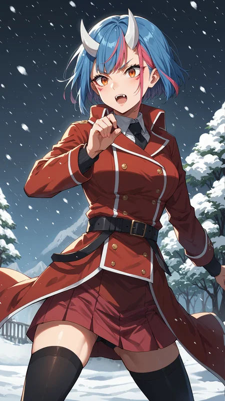 score_9,score_8_up,score_7_up,score_6_up, source_anime, zPDXL3, <lora:xl_more_art-full_v1:0.5>, woman, dynamic pose, dynamic pose, <lora:Gobwa - Pony-000004:0.8>, blue hair, pink streaks, multicolored hair, streaked hair, short hair, orange eyes, white horns, small horns, facial markings, fangs, black necktie, red skirt, black belt, black thighhighs, high collar, red jacket, snowing, winter, snow storm